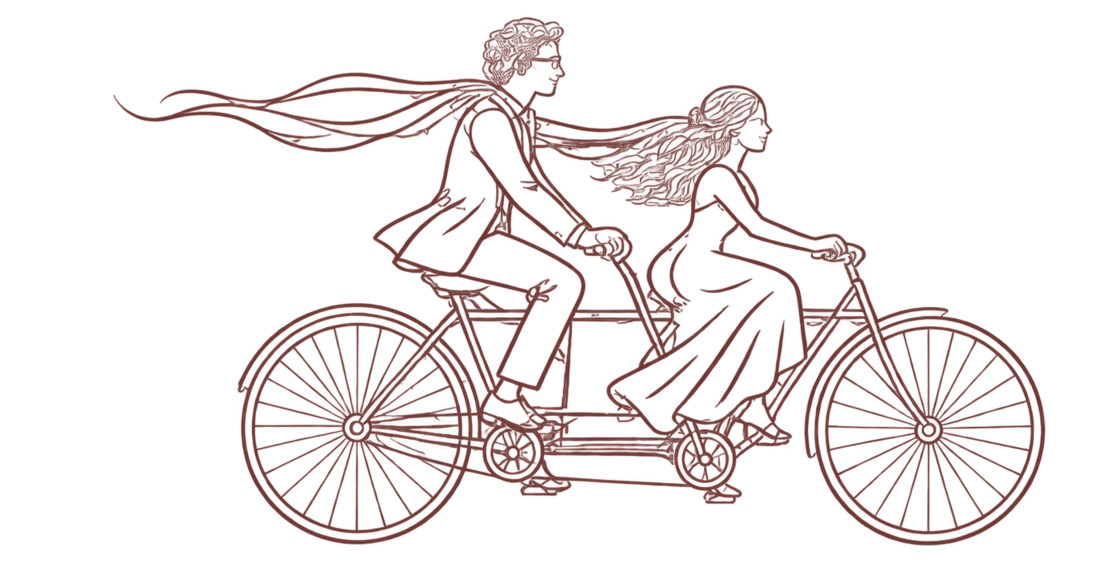 An illustration of a couple riding a tandem bicycle
